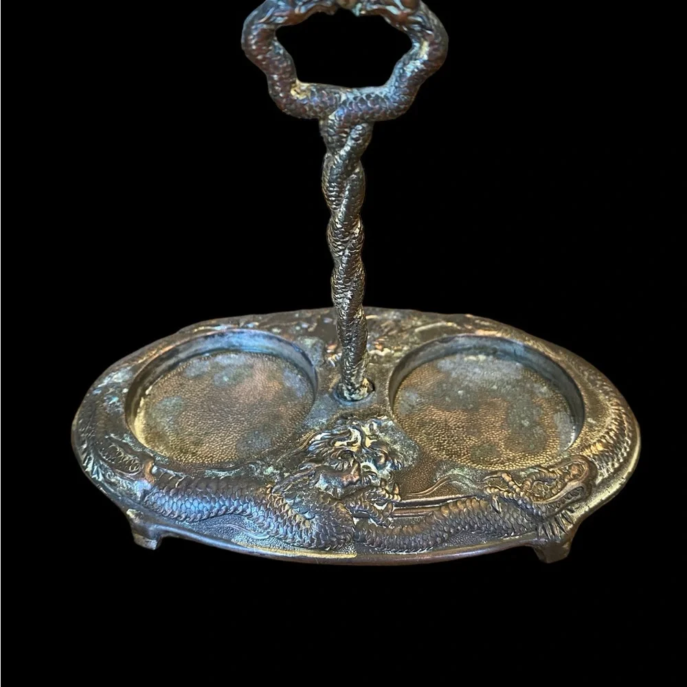 Vintage Japanese Dragon Silver Salt Cellar Caddy Tray • Repousse Antique